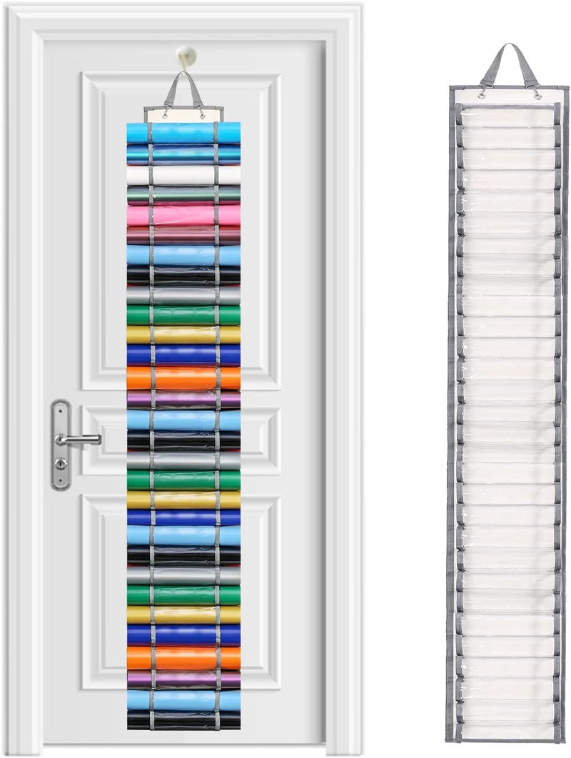 DKHDBD Vinyl Roll Holder with 60 Compartments and Keeper Door Hooks Strap, Clear Organizers Wall Mount for Home Craft Closet (Grey) - Image 1